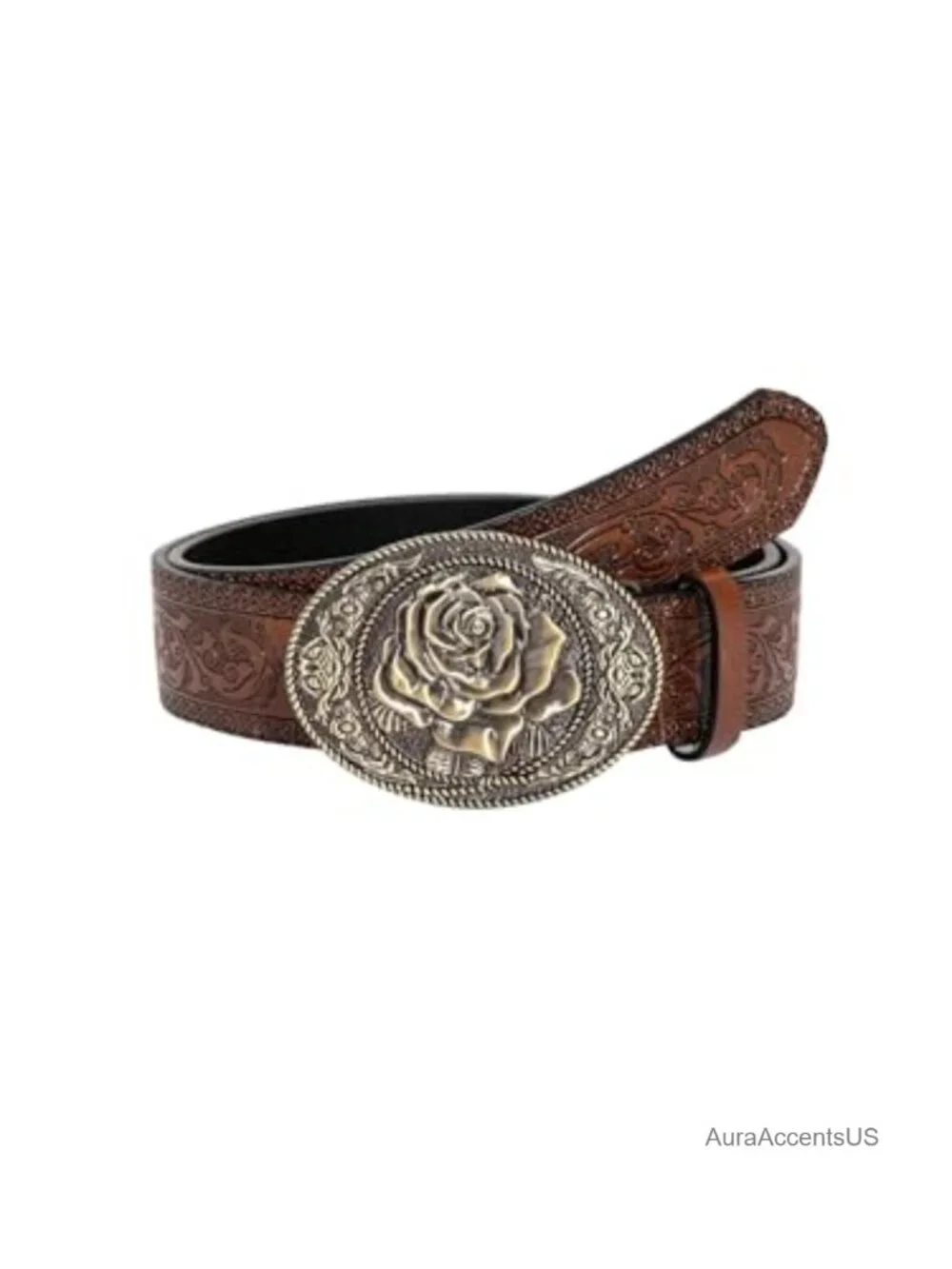 PU Leather Western Cowgirl Belt Oval Buckle Floral Engraved Vintage Cowboy Waist